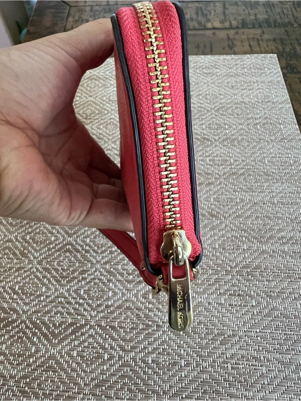 Michael Kors Fulton Pinkish Red Zip Around Leather Phone Case Wristlet Wallet